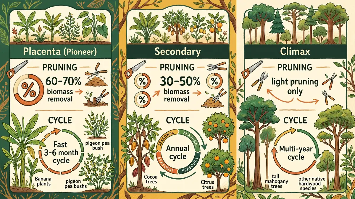 Infographic comparing pruning intensity across placenta, secondary, and climax successional stages