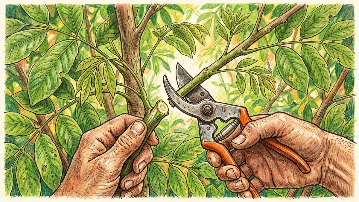 Pruning shears cutting a small branch from a young ice cream bean tree