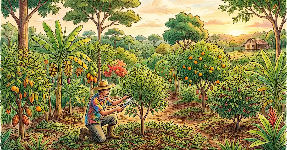 Brazilian syntropic agroforestry plot with multi-strata canopy of banana, papaya, cocoa, and timber trees and a farmer pruning with hand shears