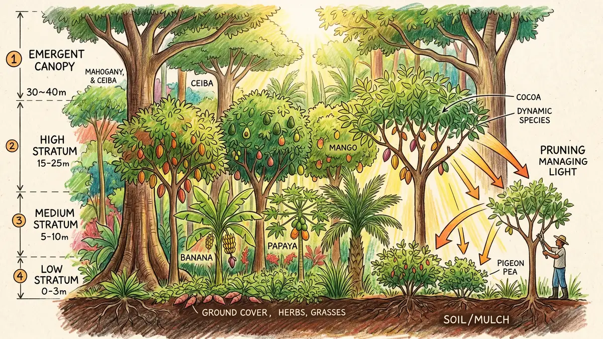 Cross-section diagram of syntropic stratification showing emergent, high, medium, and low strata of tropical species