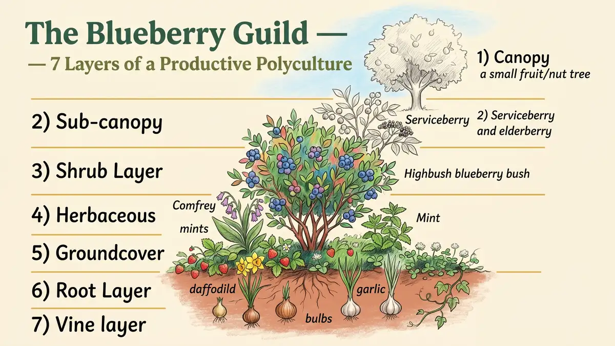 Pencil-crayon infographic showing the seven layers of a blueberry permaculture guild from canopy down to vine layer with companion plants labeled