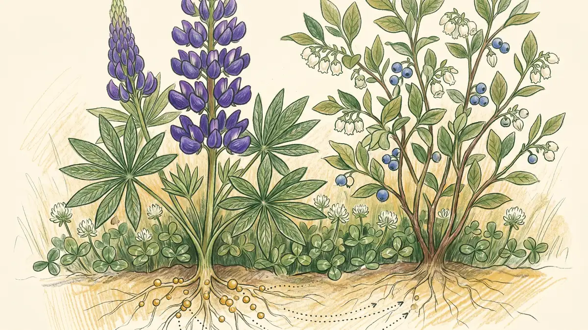 Tall purple lupine plant in full bloom beside a blueberry bush with white clover at the base showing nitrogen-fixing companion planting