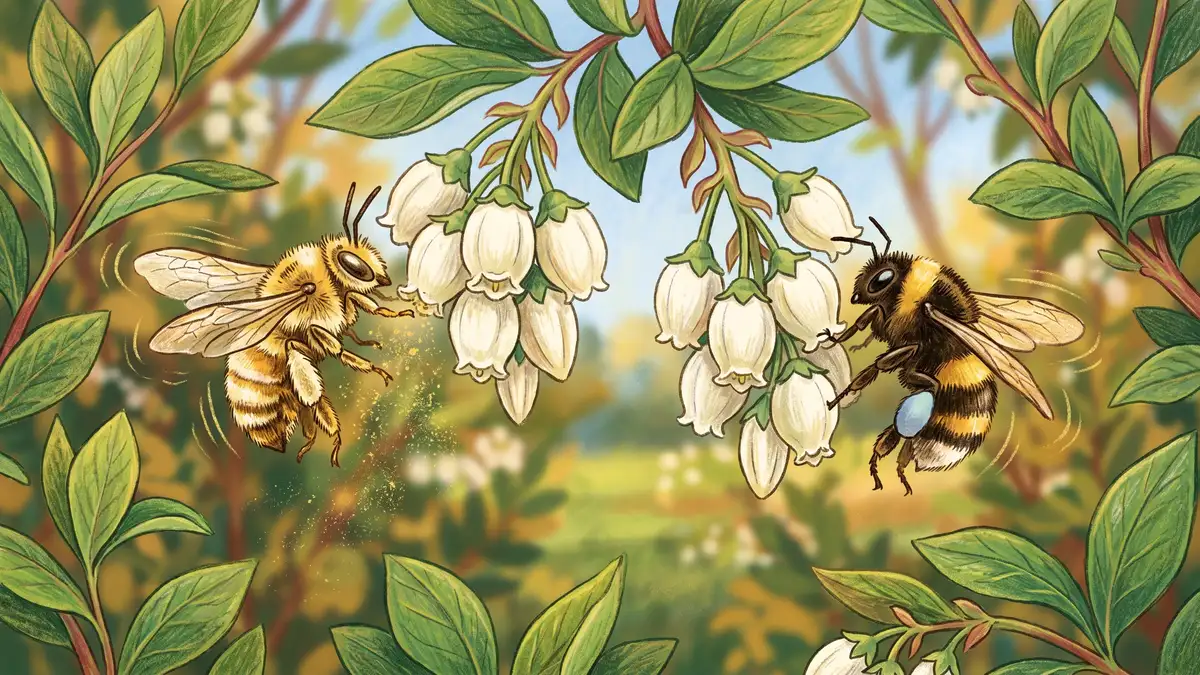 Native southeastern blueberry bee and bumblebee visiting white bell-shaped blueberry blossoms in spring sunlight