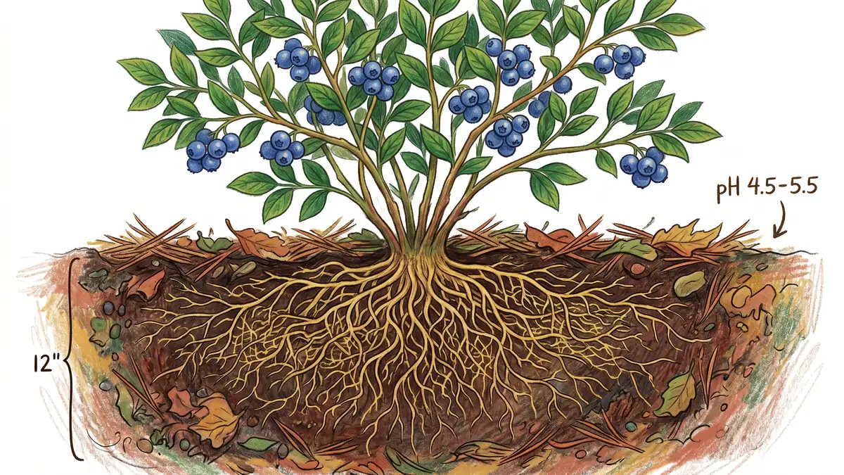Cross-section diagram of blueberry bush showing shallow hair-root system in top 12 inches of acidic soil with ericoid mycorrhizal fungi