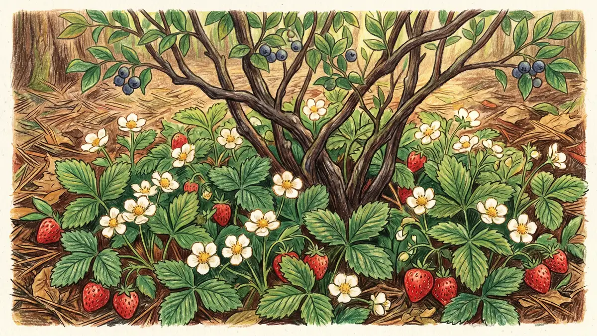 Strawberry plants in white bloom and red ripe strawberries spreading as living groundcover around the base of a blueberry bush