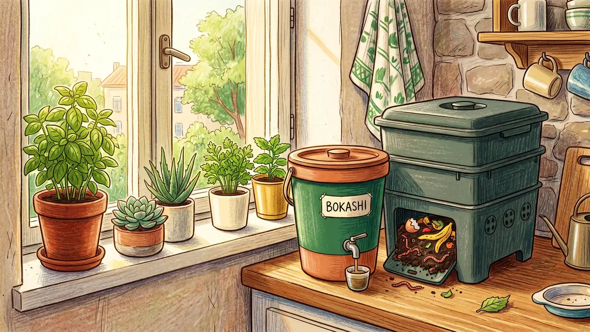 Small countertop bokashi composting bucket and a worm bin processing kitchen scraps in a cozy apartment kitchen
