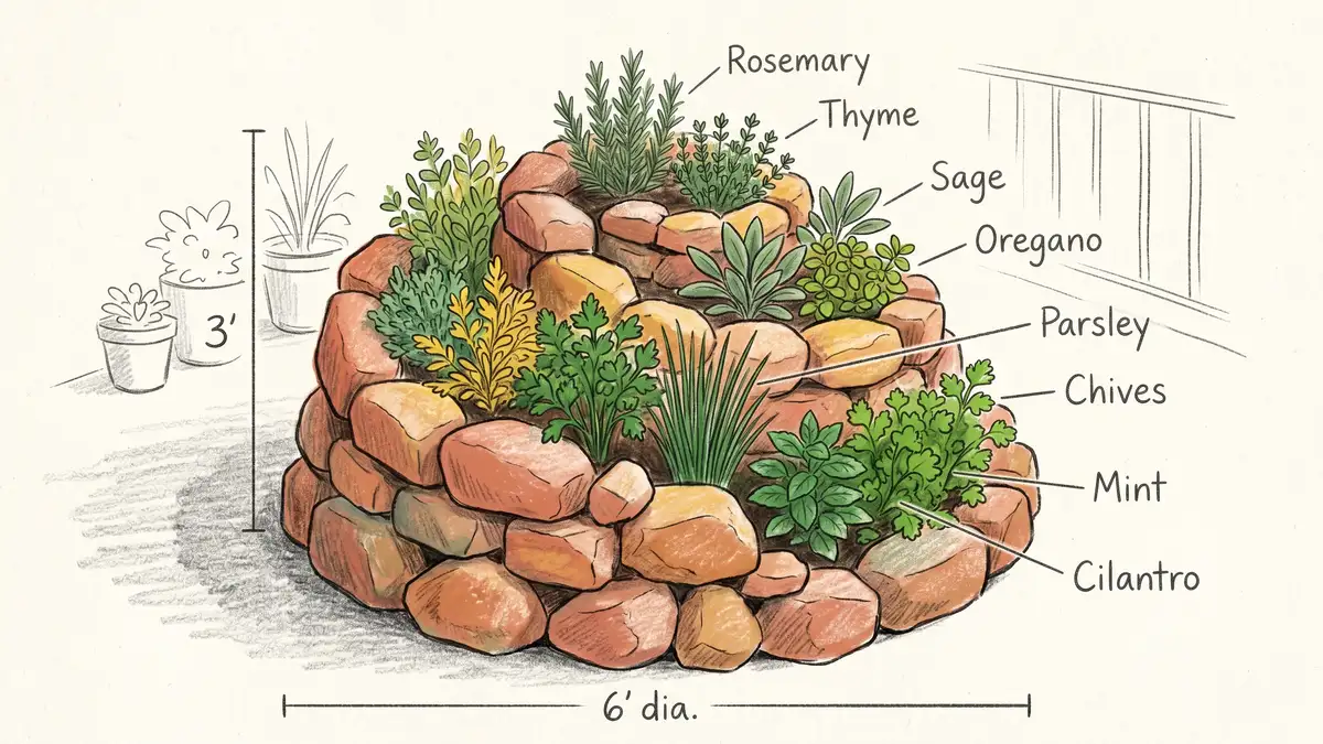 Pencil-crayon diagram of a 6-foot permaculture herb spiral with rosemary and thyme at the top and mint and parsley at the moist base