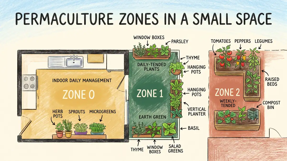 Top-down infographic showing permaculture zones adapted for a small apartment and balcony with Zone 0 indoors and Zone 1 on the balcony