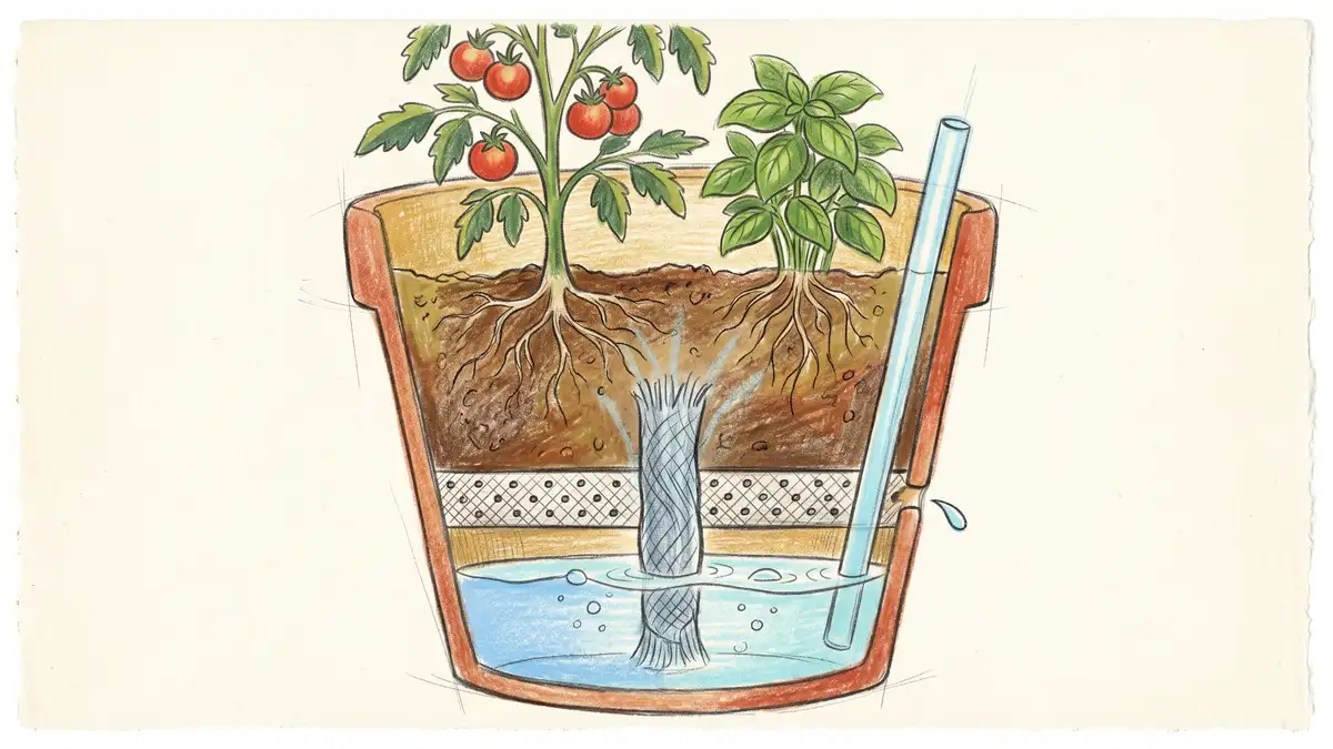 Pencil-crayon cross-section diagram of a self-watering sub-irrigated planter showing the water reservoir, wicking column, and tomato roots above