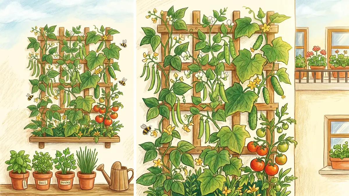 Wooden trellis covered with climbing pole beans, sugar snap peas, cucumbers and cherry tomatoes growing up an apartment wall in pencil-crayon style