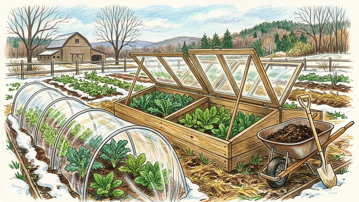 Eliot Coleman style cold frame and low tunnels in a Vermont or Maine permaculture garden with kale and spinach visible inside under glass