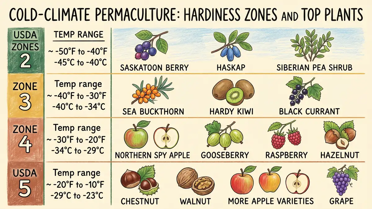 Pencil-crayon infographic showing recommended cold-hardy permaculture plants for USDA zones 2 through 5 with temperature ranges and illustrated plant icons