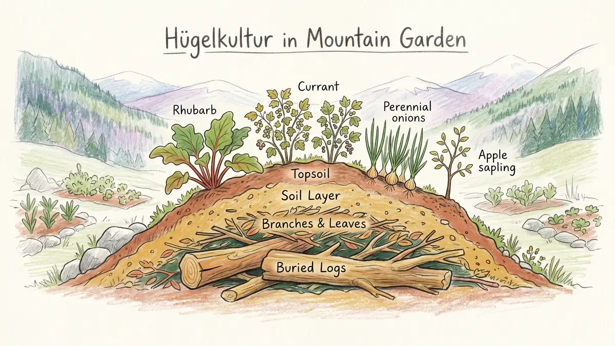 Cross-section pencil-crayon illustration of a Sepp Holzer style hugelkultur mound in a cold mountain permaculture garden with buried logs and cold-hardy plants on top