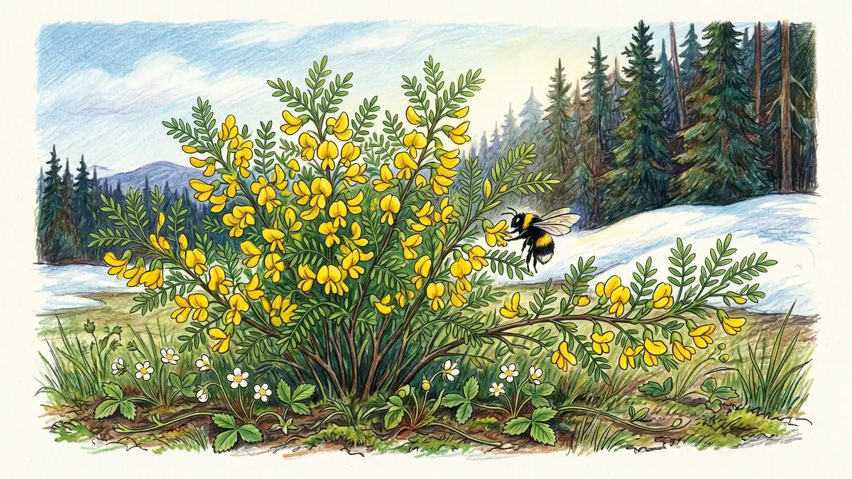 Cold-hardy Siberian pea shrub Caragana arborescens covered with yellow flowers visited by a bumblebee in a Nordic permaculture garden