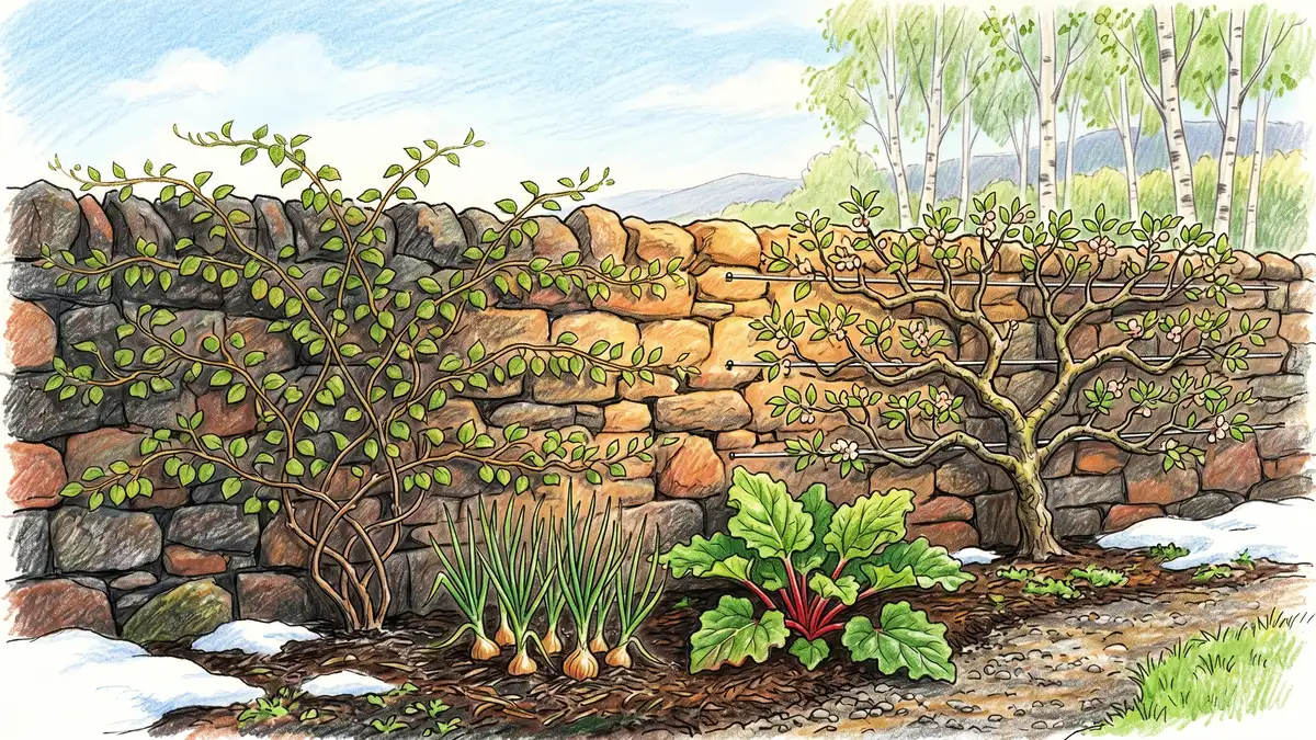 South-facing stone wall in a cold-climate permaculture garden with espaliered apple, hardy kiwi, and perennial herbs at the base