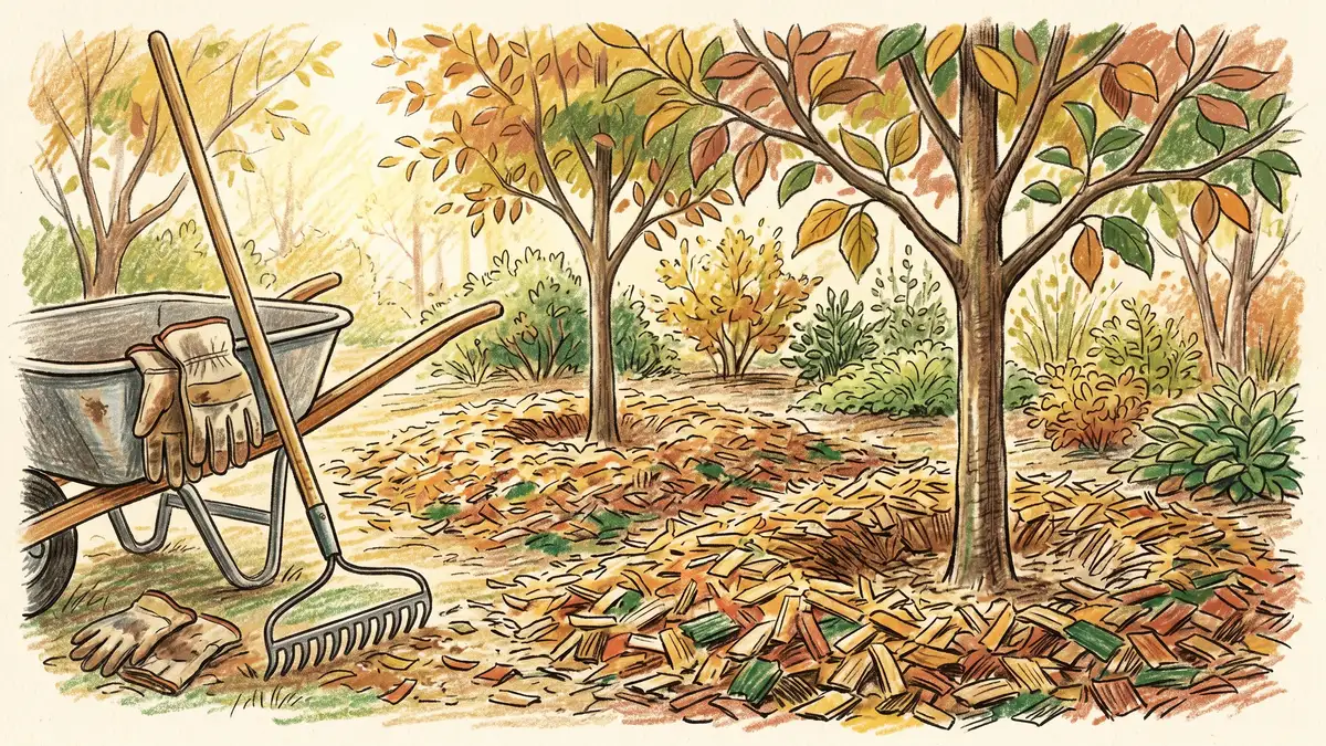 Deep layer of arborist wood chips spread around the base of fruit trees in autumn with mulch kept clear of trunks