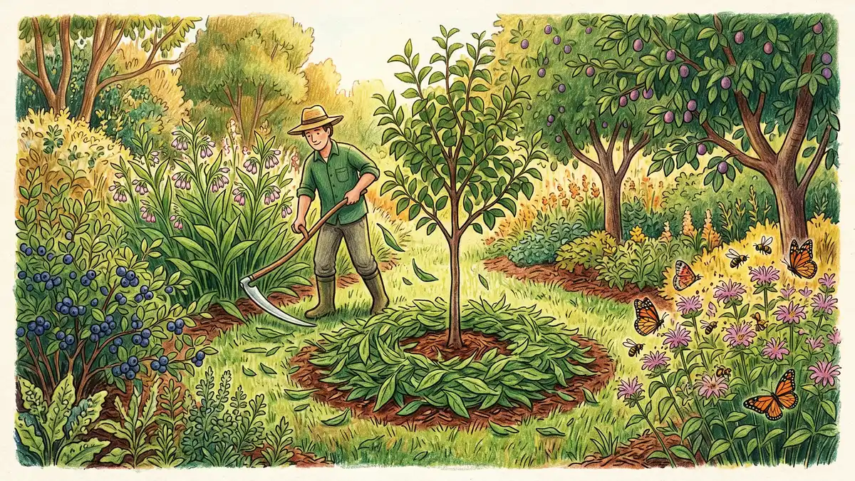 Gardener using a scythe to chop comfrey leaves and drop them as mulch around a young pear tree in a midsummer food forest
