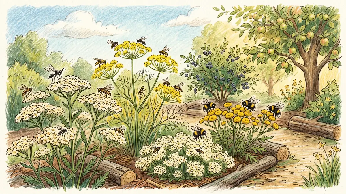 Beneficial insectary plants yarrow fennel sweet alyssum tansy in bloom attracting parasitic wasps and bumblebees in a food forest