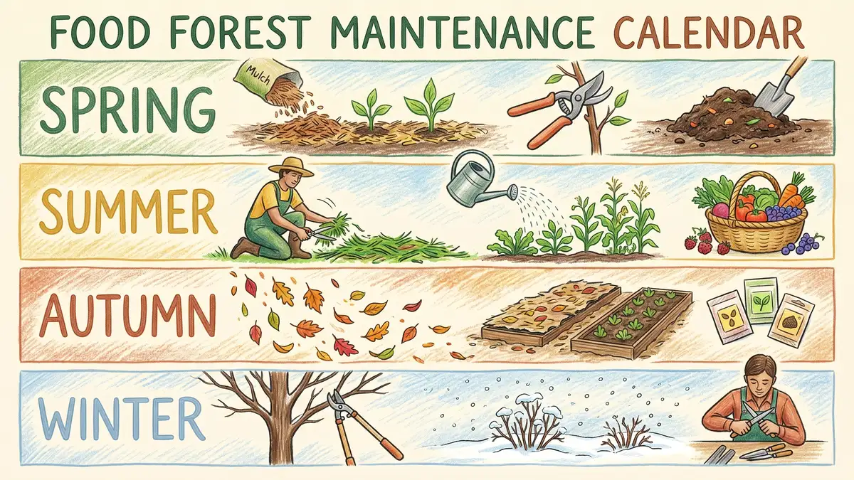Pencil-crayon infographic showing four seasonal sections of food forest maintenance tasks for spring, summer, autumn, and winter