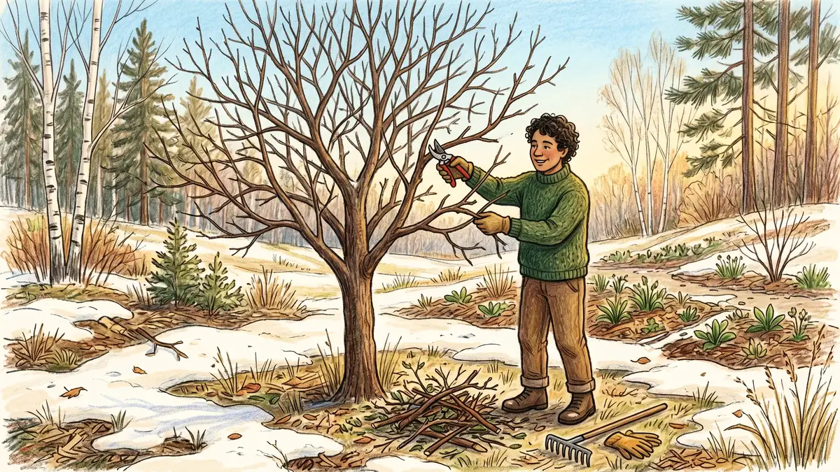 Gardener pruning a dormant apple tree in late winter with snow patches on the ground and a heap of trimmings nearby