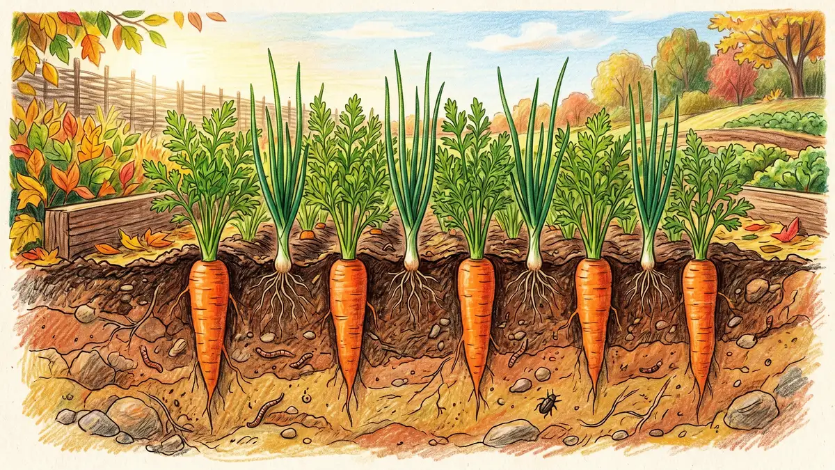 Carrots and onions interplanted in a fall garden bed showing classic companion planting with carrot roots underground and onion tops above