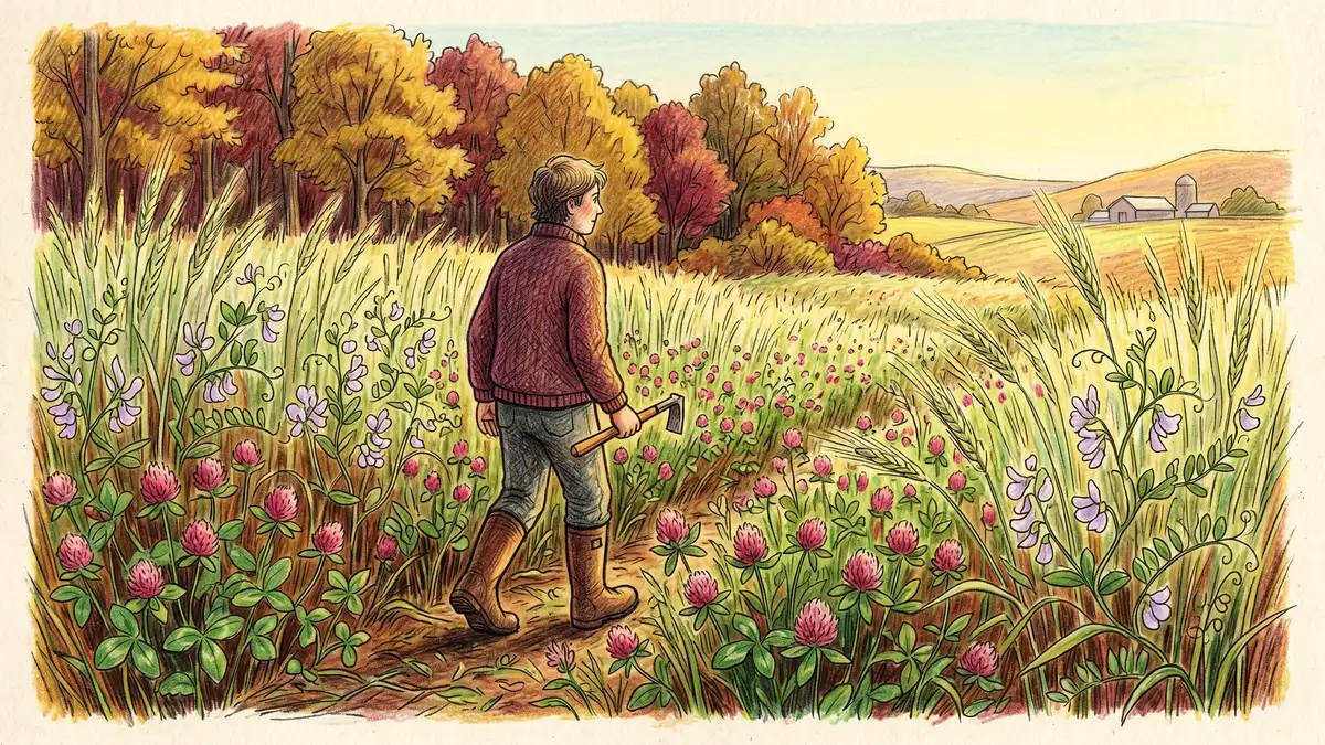 Fall cover crop field with crimson clover hairy vetch and winter rye in autumn with gardener walking through