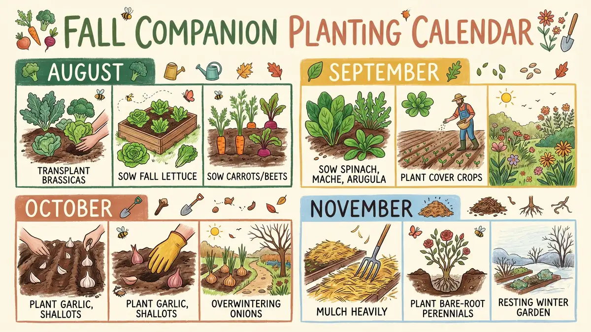 Pencil-crayon infographic showing a four-month fall planting calendar for August through November with cool-season vegetables and plant icons