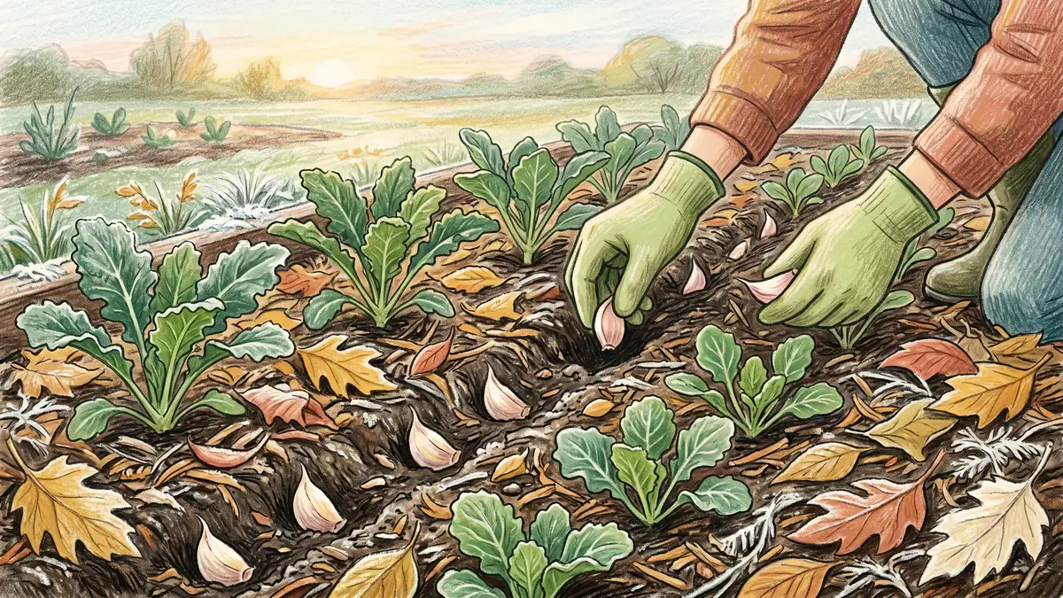 Garlic cloves being planted alongside young kale and broccoli seedlings in a fall garden bed with mulched soil and autumn leaves