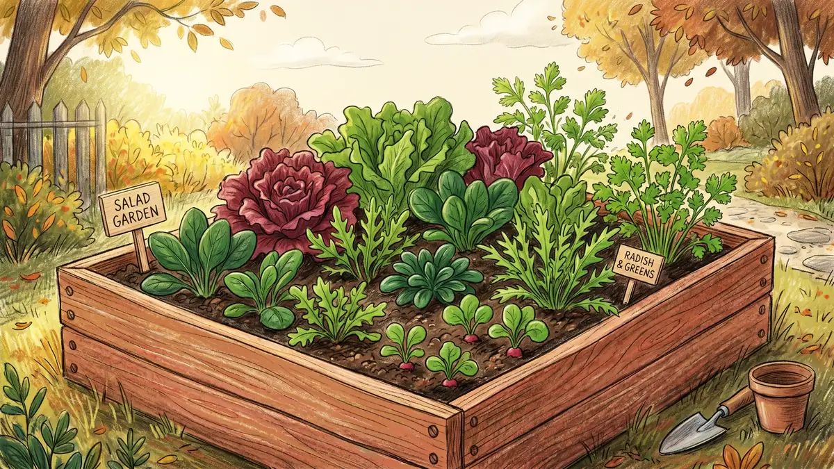 Fall salad bowl garden in a wooden raised bed with mixed lettuce spinach arugula mache mizuna and radish tops