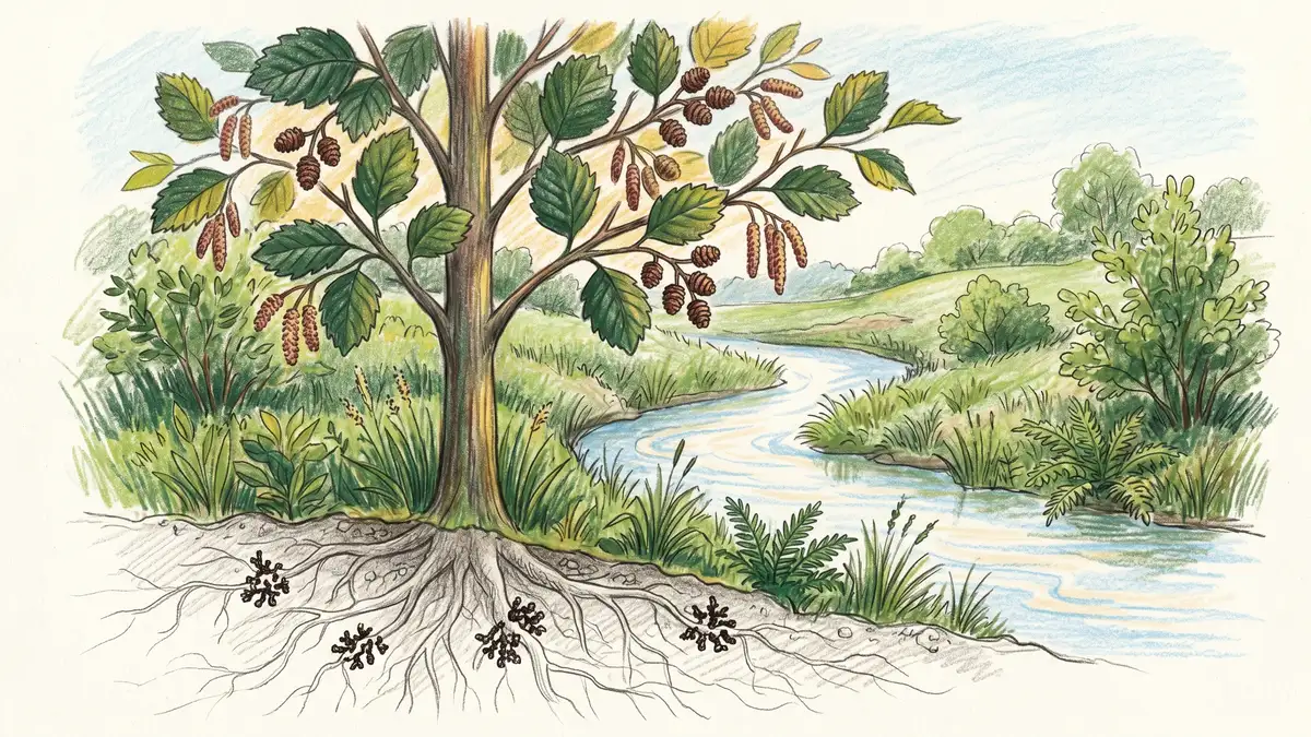 Red alder tree with small woody cones beside a stream with a faint cross-section showing dark Frankia actinorhizal root nodules below ground