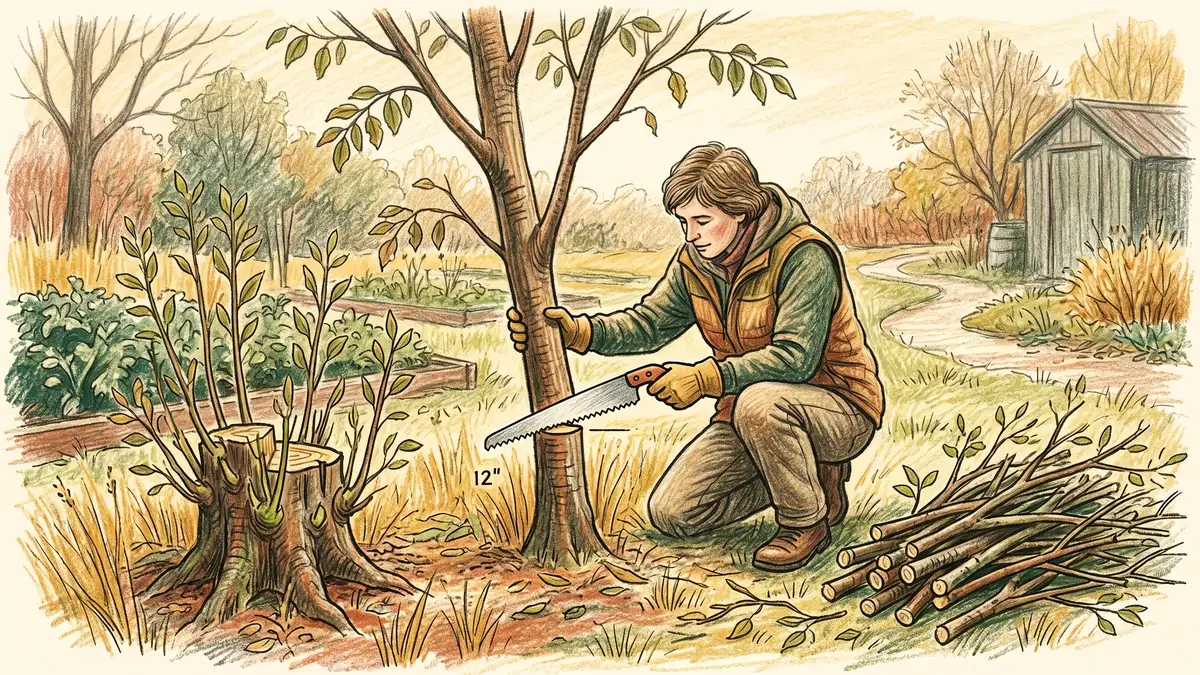 Coppicing a young black locust tree near ground level with new shoots regrowing vigorously from a previously cut stump in early winter