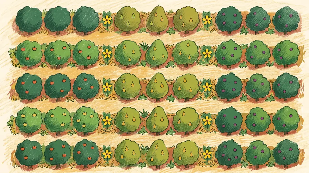 Top-down pencil-crayon illustration of a food forest layout showing nitrogen-fixing trees marked with yellow flower icons interspersed among fruit trees in a 1:3 ratio