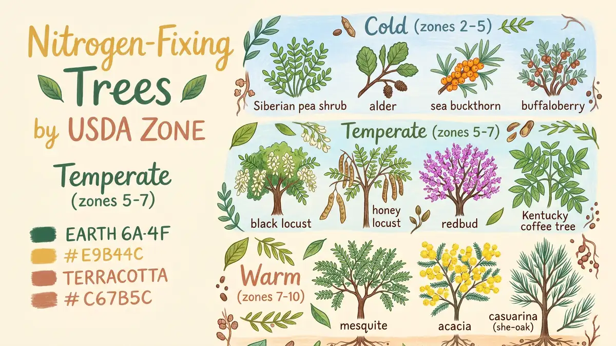 Pencil-crayon infographic chart of nitrogen-fixing trees grouped by USDA zone with Siberian pea shrub and alder for cold, black locust and redbud for temperate, mesquite and acacia for warm