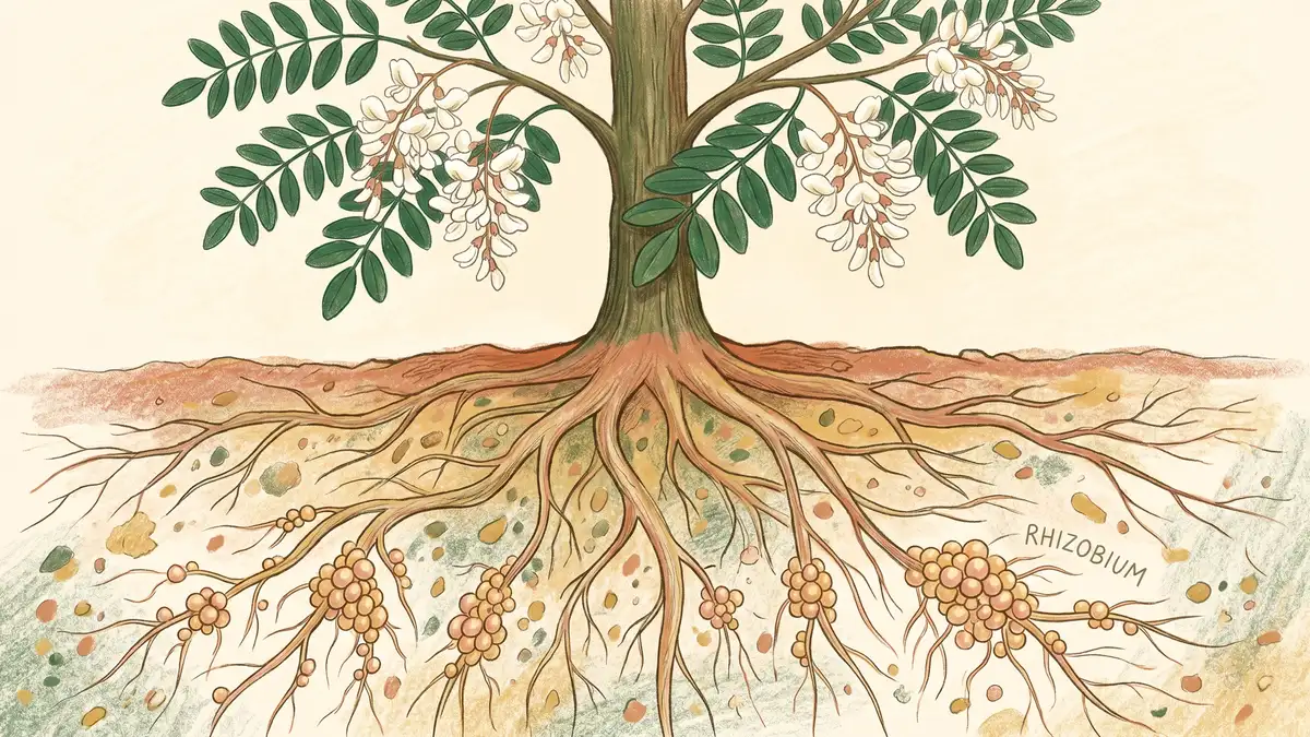 Pencil-crayon cross-section showing a black locust tree with white flowers and underground roots covered in pinkish Rhizobium nitrogen-fixing nodules