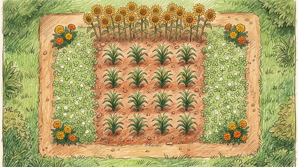 Aerial top-down view of a 4x4 corn block planting layout with sunflowers along the north edge clover groundcover and marigolds at the corners