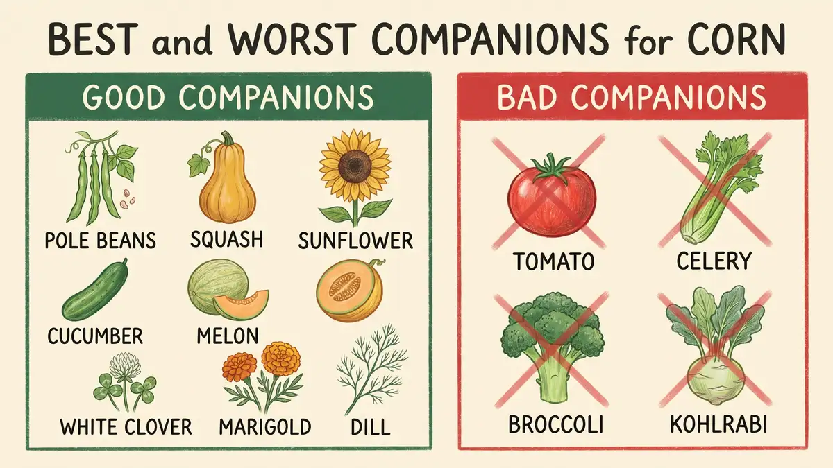 Pencil-crayon infographic of best and worst companions for corn with pole beans squash sunflower cucumber clover and marigold in the good column and tomato celery and brassicas in the bad column