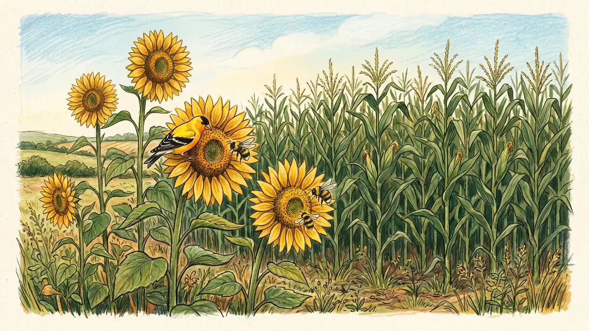 Tall sunflowers blooming with golden petals at the edge of a corn block with native bees and a goldfinch visiting the heads