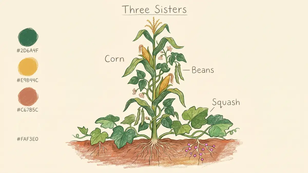 Pencil-crayon cross-section diagram showing the Three Sisters polyculture with corn as the tall vertical stalk pole bean vine spiraling up and squash spreading at the base