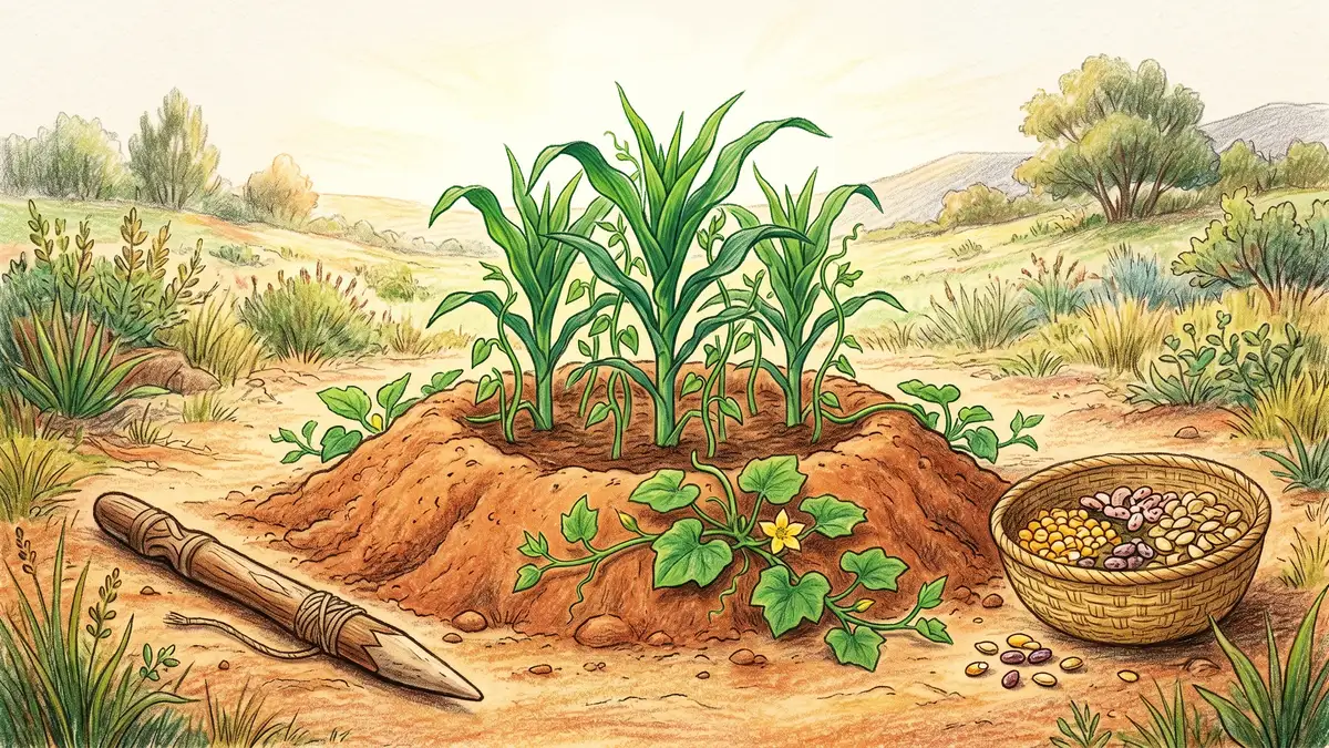 Indigenous Three Sisters mound with corn seedlings emerging at the center bean shoots climbing and a squash seedling on the lower slope with a traditional digging stick beside