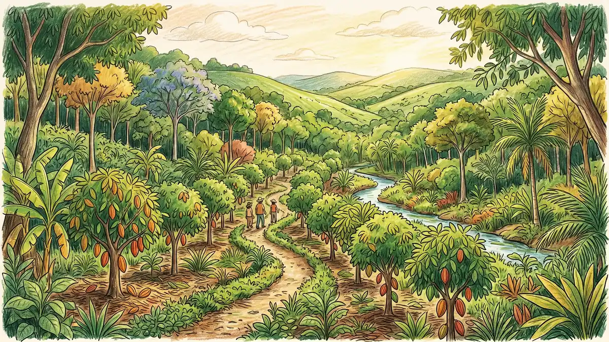 A mature syntropic agroforestry landscape with multi-layer canopy of tall walnut and chestnut trees flowering apple and pear mid-canopy shrubs and ground cover with a small stream running through