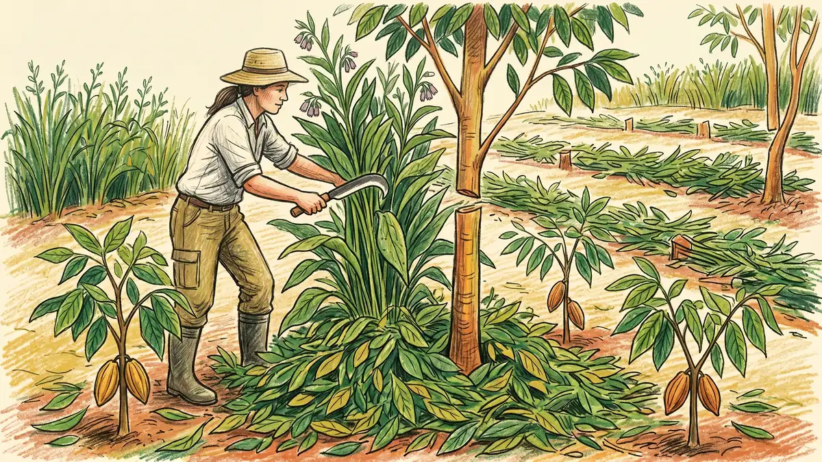 A gardener pruning a young mulberry tree heavily with cut biomass laid as mulch around fruit tree saplings in a syntropic bed