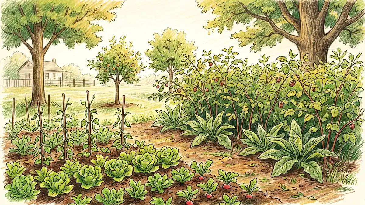 A small temperate homestead syntropic plot with chestnut at the back apple and pear in the middle layer hazelnut and elderberry shrubs and comfrey and sunflower at ground level