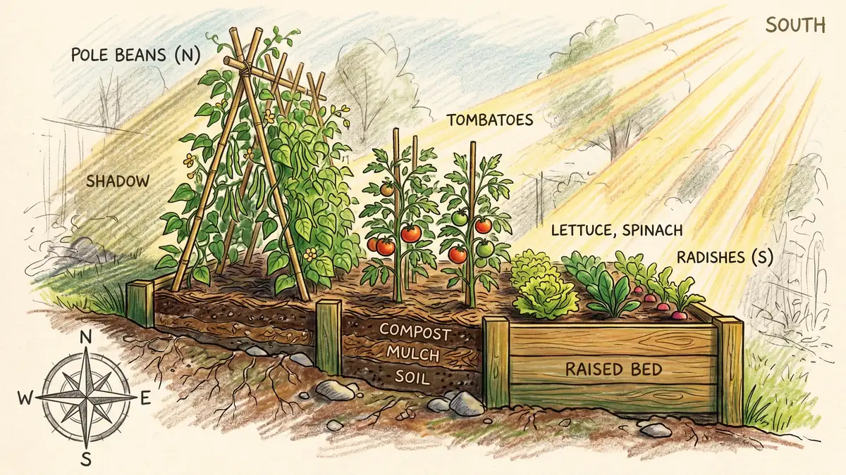 Pencil-crayon side-elevation diagram showing a raised bed with tall pole beans on the north side, mid-height tomatoes in the center, low lettuce and radishes on the south edge, with a compass rose and sunbeams angling in from the south