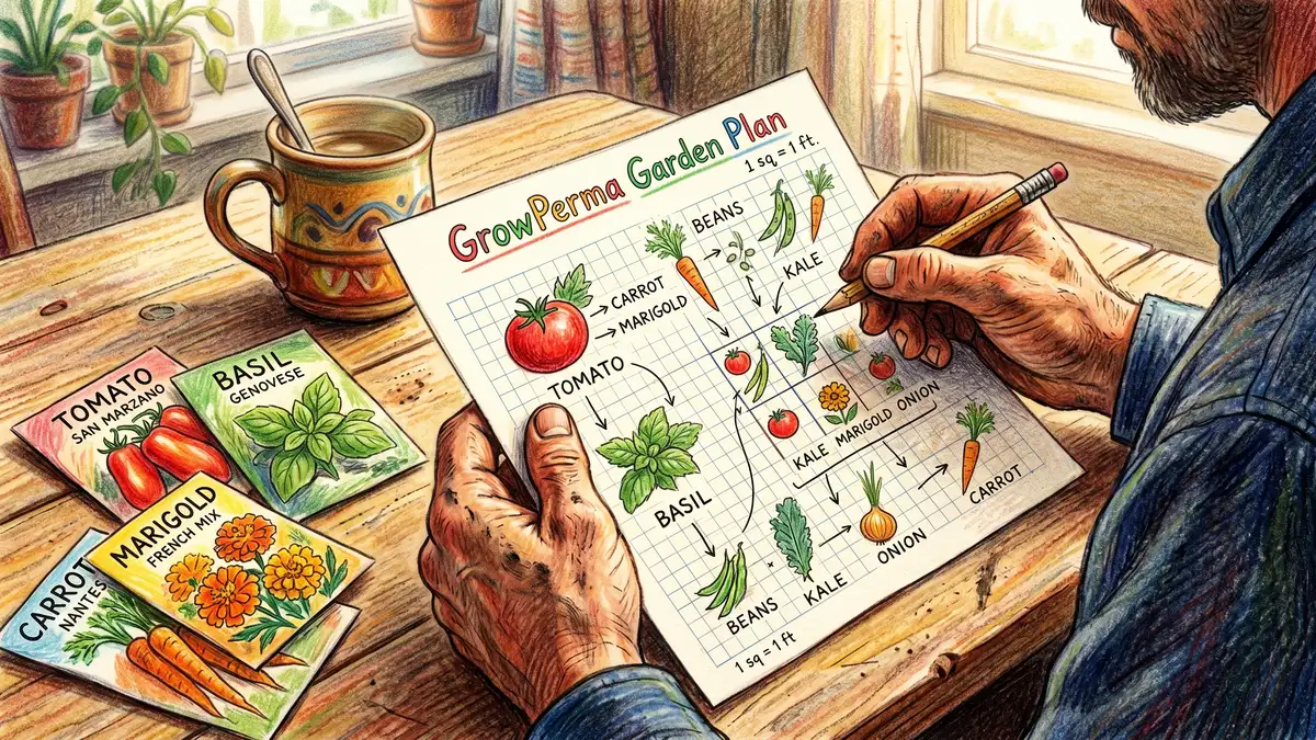Pencil-crayon close-up of a gardener's hands holding a hand-drawn planting plan on graph paper with companion plant pairings and seed packets nearby