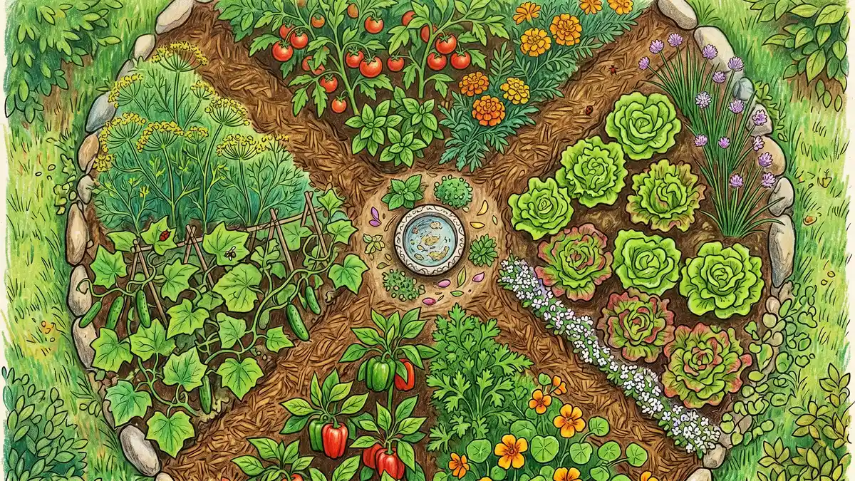 Pencil-crayon top-down view of a small mandala-shaped circular garden bed divided into pie-slice wedges with different companion guilds in each wedge and a small herb spiral at the center