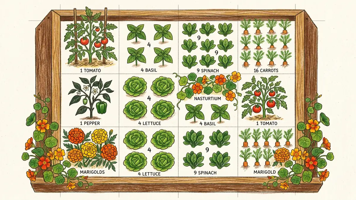 Pencil-crayon top-down illustration of a 4 by 4 foot raised bed divided into sixteen one-square-foot sections, each labeled with the plant species and number of plants per square