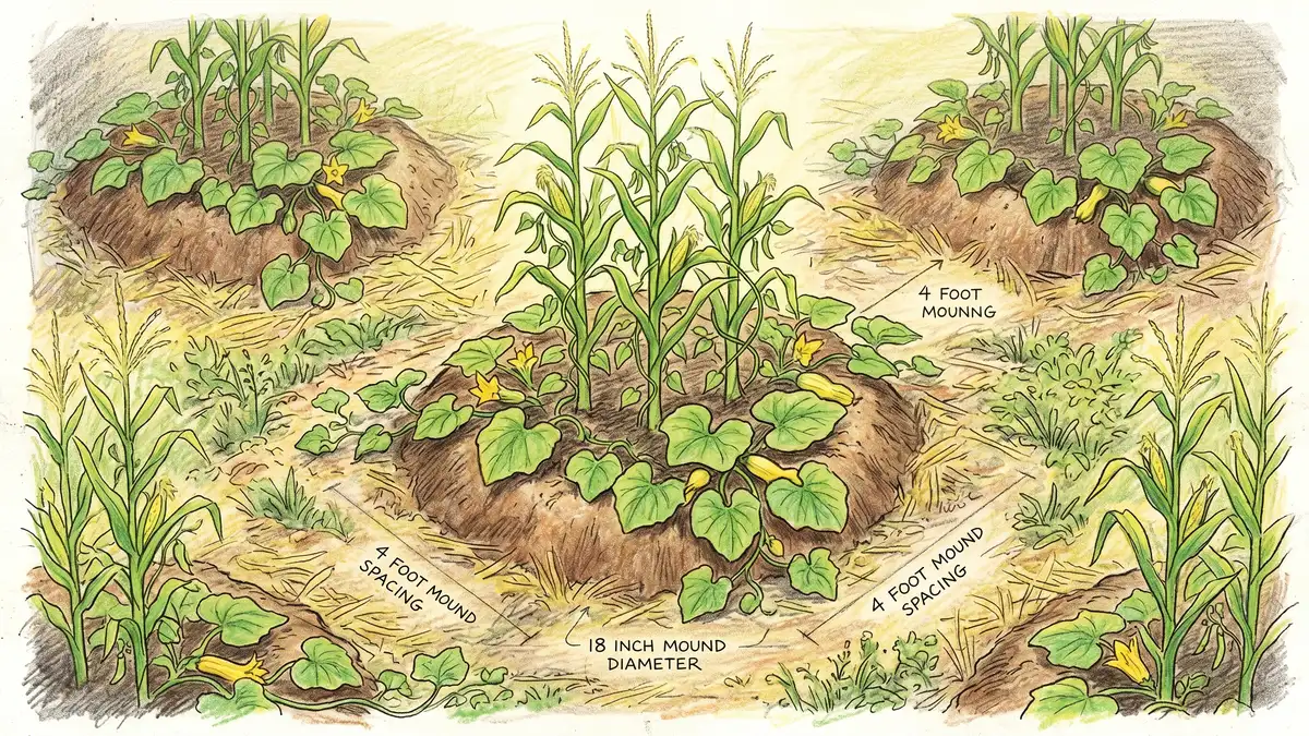 Pencil-crayon top-down illustration of a traditional Three Sisters mound with corn stalks at the center, pole beans climbing the corn, and broad squash leaves spreading at the base, with measurement labels showing 18 inch mound diameter