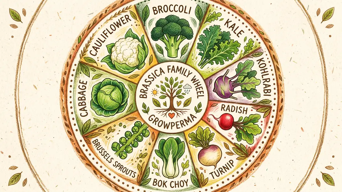 Pencil-crayon illustration of a brassica family wheel showing broccoli, cabbage, cauliflower, kale, Brussels sprouts, kohlrabi, radish, turnip, and bok choy around a central icon