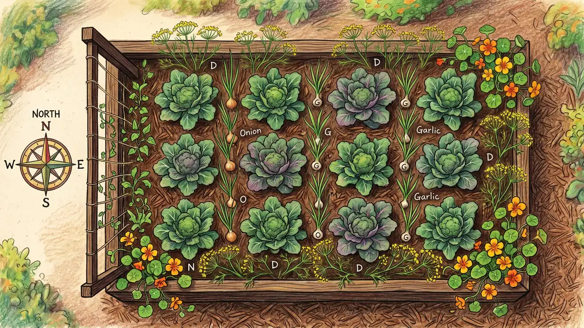 Top-down pencil-crayon view of a 4 by 8 foot raised bed planted with broccoli arranged in a grid 18 inches apart with onions and garlic in alternating rows, dill flowering at the edges, and nasturtium at the corners