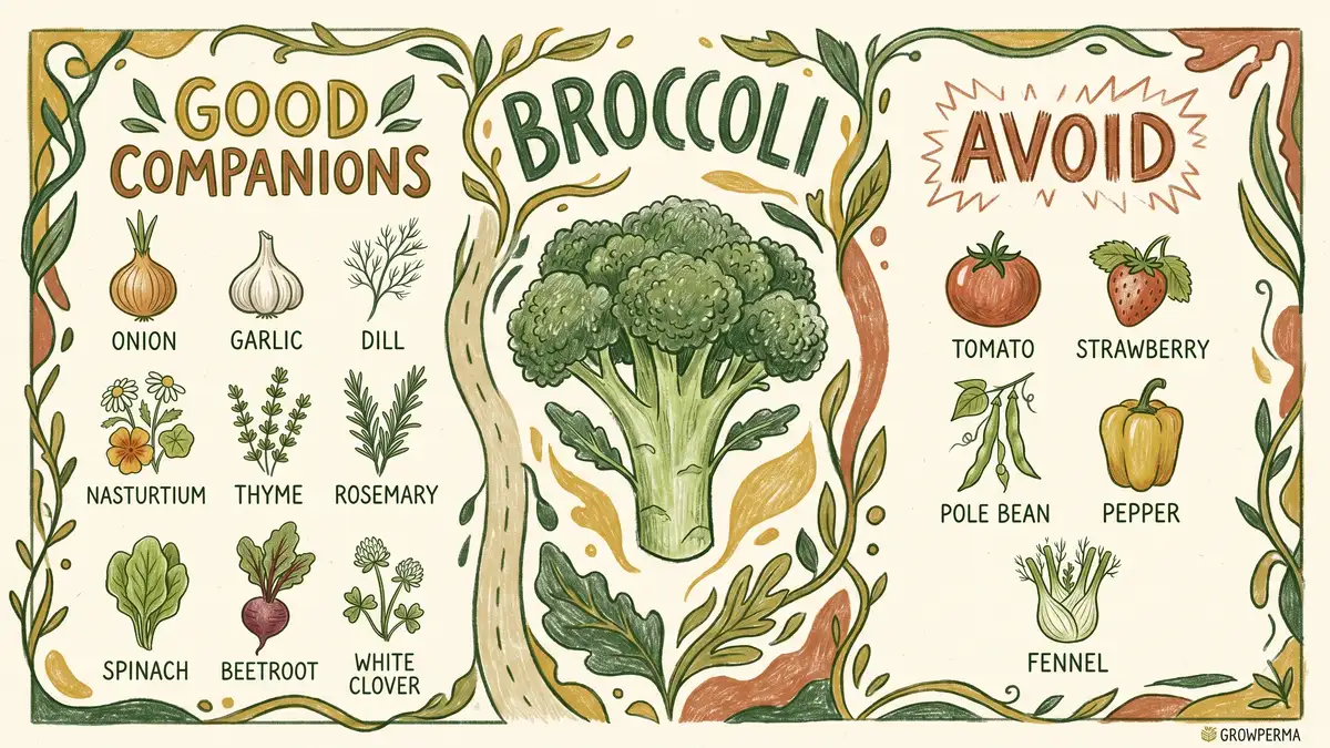 Pencil-crayon infographic showing best and worst companion plants for broccoli arranged in two columns with illustrations of each plant